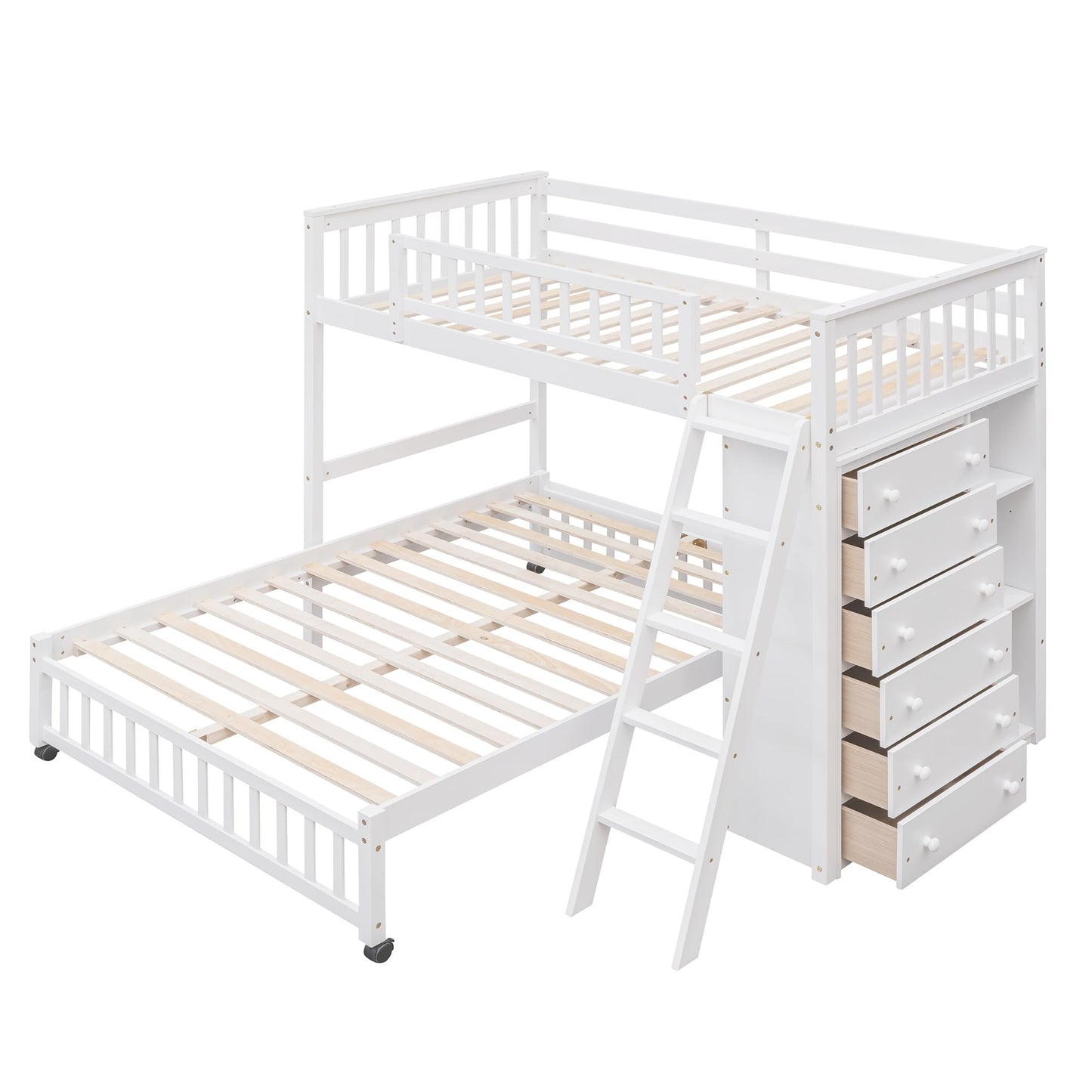 Harper & Bright Designs Twin Over Full Bunk Beds with Six Drawers and Flexible Shelves,Wooden Bunk Beds with Storage and Removable Bottom Bed for Kids Girls Boys,No Box Spring Needed (White)