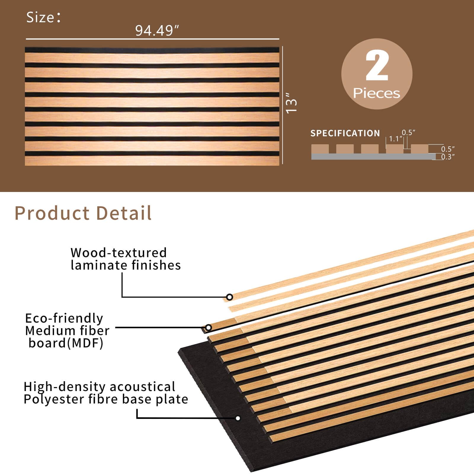 KVENI Acoustic Wood Slat Wall Panels - Modern Wood Panels for Wall, 3D Fluted Sound Absorbing Panel with Wood Finish, Noise Cancelling & Absorbing Wooden Panels, 94.49” x 13” Each, 0.82” Dept - WoodArtSupply