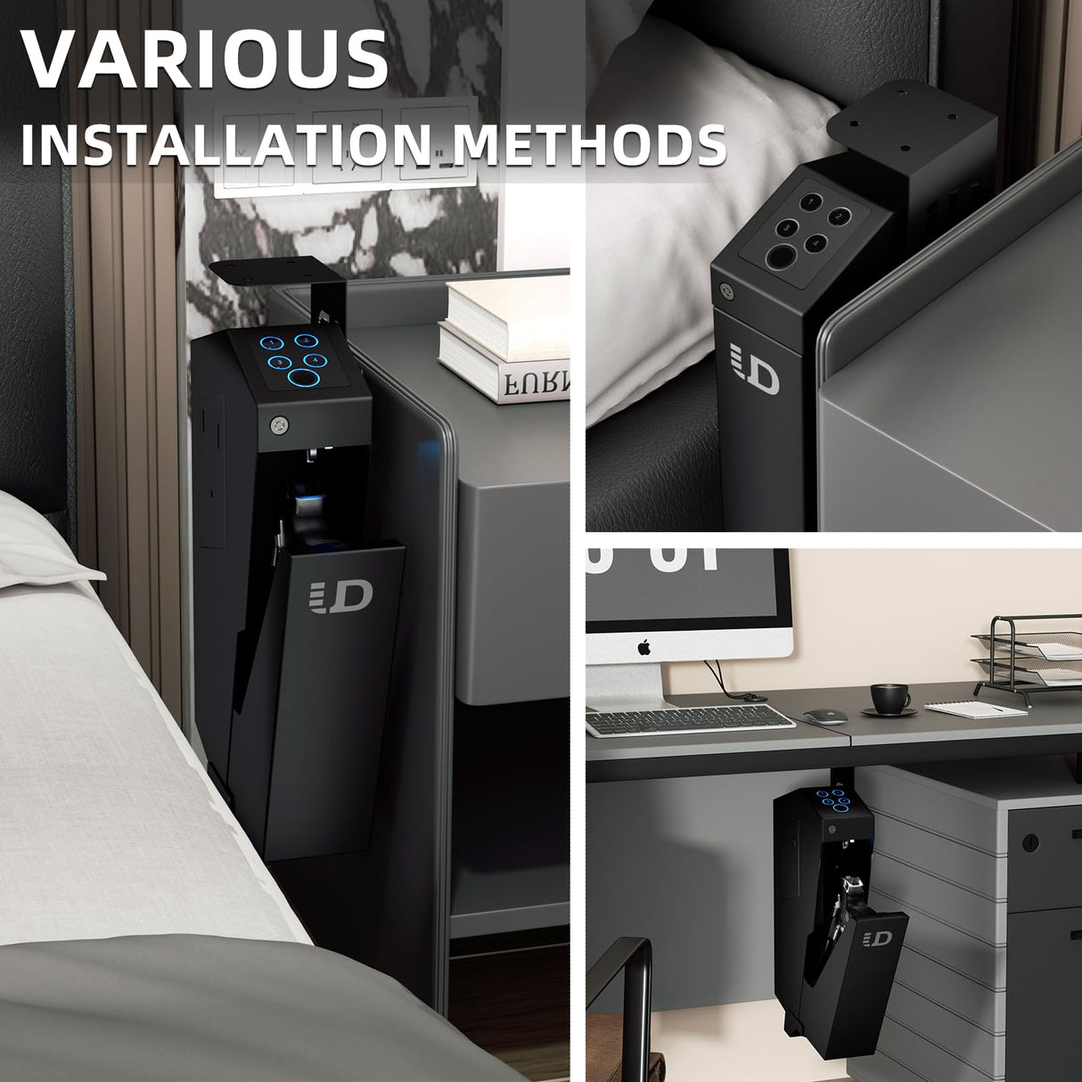 Urban Deco Biometric Handgun Gun Safe for Nightstand, Desk, Bed Side - Pistol Safe, Hand Gun Safe for Car, Biometric Gun Safe for Handgun with Fingerprint, PIN Code, Key Access Urban Deco