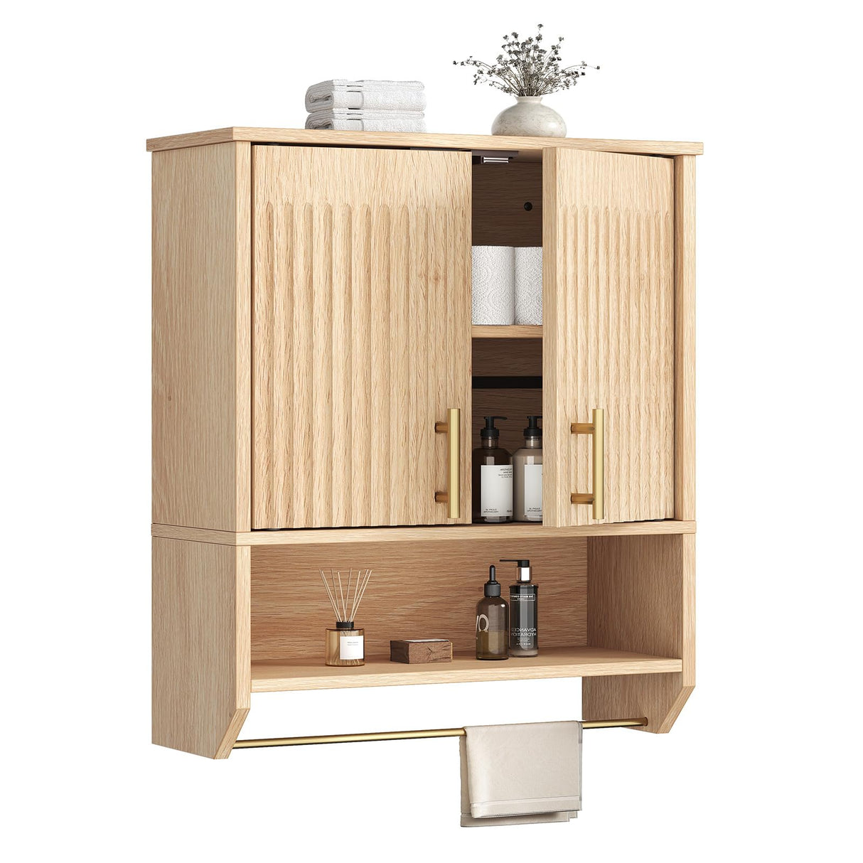 HOOBRO Fluted Bathroom Wall Cabinet, Farmhouse Medicine Cabinet with 2 Fluted Doors, Wall Storage Shelf with Towel Rack, Adjustable Shelf, for Small Spaces, Bathroom, Kitchen, Natural HOOBRO
