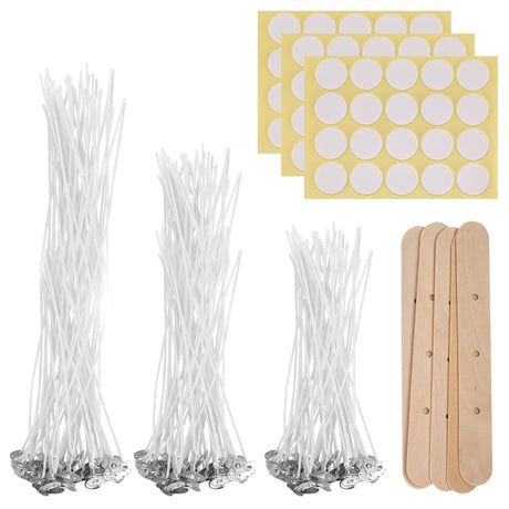 150 PcsCandle Wicks for Candle Making DIY, 4" 6" 8" Cotton Long Wicks for Candlemaking, with 5 WoodCandle Wick Holders for Candle Making Wick & 3 Sheets Stickers, for DIY Candles Crafts MUZHUPGUZ