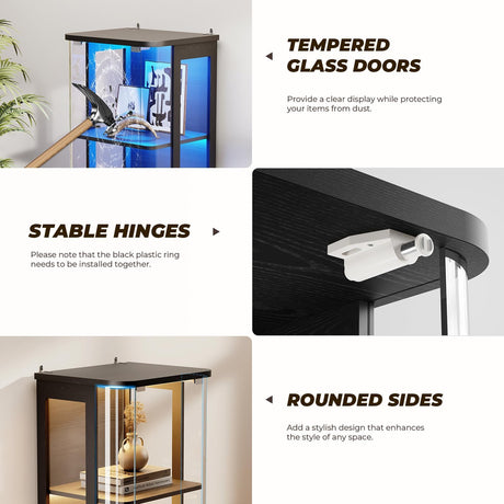 BROTTAR Rounded Display Cabinet with Glass Door, 4-Tier Curio Cabinet with 3 Color Lights for Collectibles, Glass Display Case with Transparent Full-Display Surface, Human Body Sensor, Black BROTTAR
