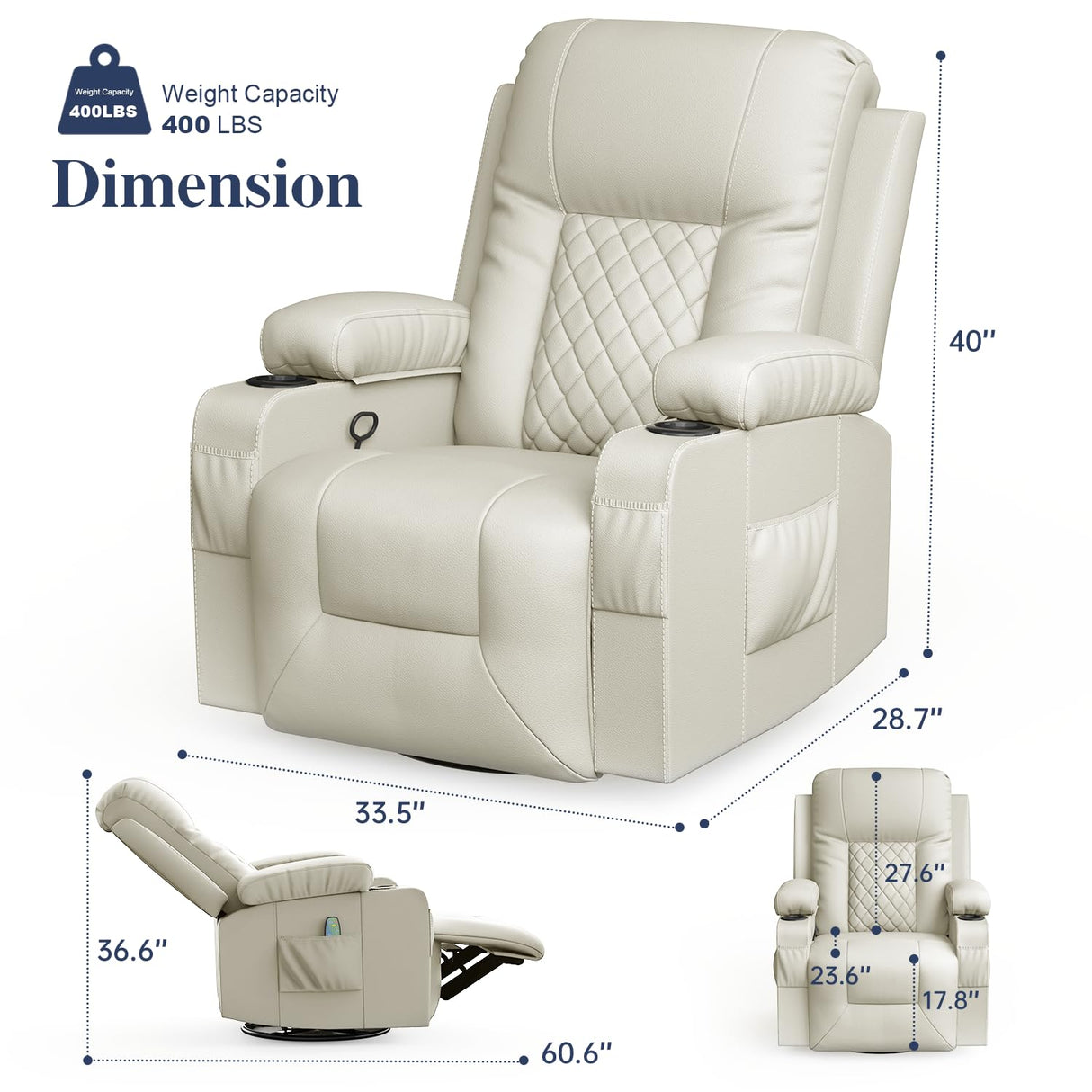 FURNIMAT Recliner Chairs for Adults, Massage Rocker with Heated Modern Ergonomic Lounge 360 Degree Swivel Single Sofa Seat Living Room Lounge Recliners Ivory White FURNIMAT