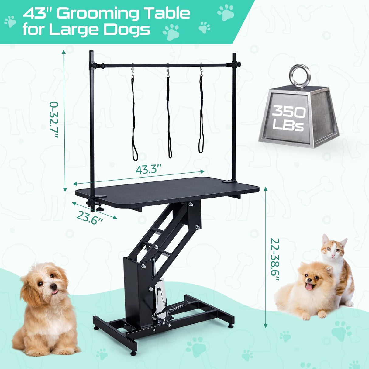 43.6" Pet Grooming Table for Large Dogs, Heavy Duty Height Adjustable Dog Grooming Table With Overhead Arm & Noose Height Range 22''-39'', Maximum Capacity Up to 350 Lbs, Black GarveeHome