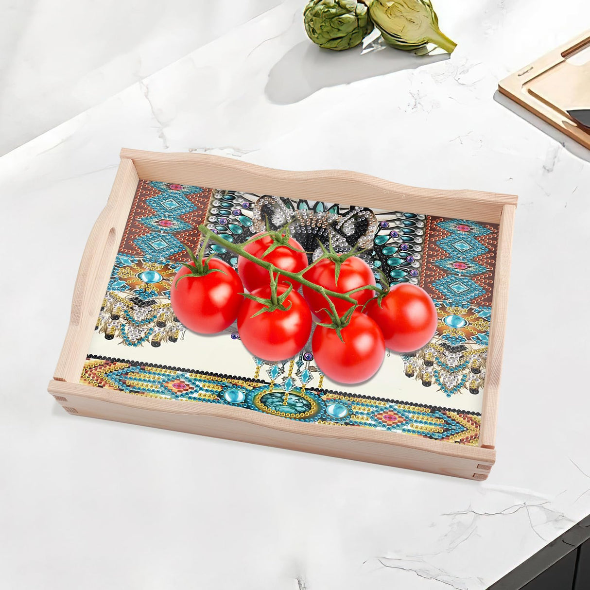 JISHSHAY Diamond Art Serving Tray Diamond Painting Food Tray Gem Art Serving Platter Gem Painting Mosaic Kits for Adults DIY Kits for Adults, with Wood Handle 20×30cm/7.87×11.81in, Wolf JISHSHAY