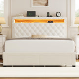 HIFIT Full Bed Frame with 2-Tier Storage Headboard & Hidden Storage, Velvet Upholstered Platform Bed Frame with 2 Drawers, Full Bed with Nailhead Headboard Built-in Charging Station & LED, Beige HIFIT