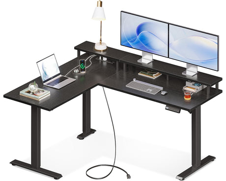 AODK Electric L Shaped Standing Desk with Monitor Stand, 59 Inch Height Adjustable Corner Desk with Power Outlets, Large Sit Stand Table, Reversible Computer Desk for Home, Office, Black AODK