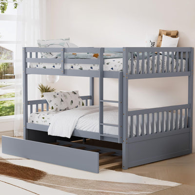 Rophefx Full Over Full Bunk Bed with Trundle, Wood Convertible Bunk Beds for Kids, Bunkbed Frame with Safety Rails and Ladders, Bunk Beds for for Adult, Teens, Grey