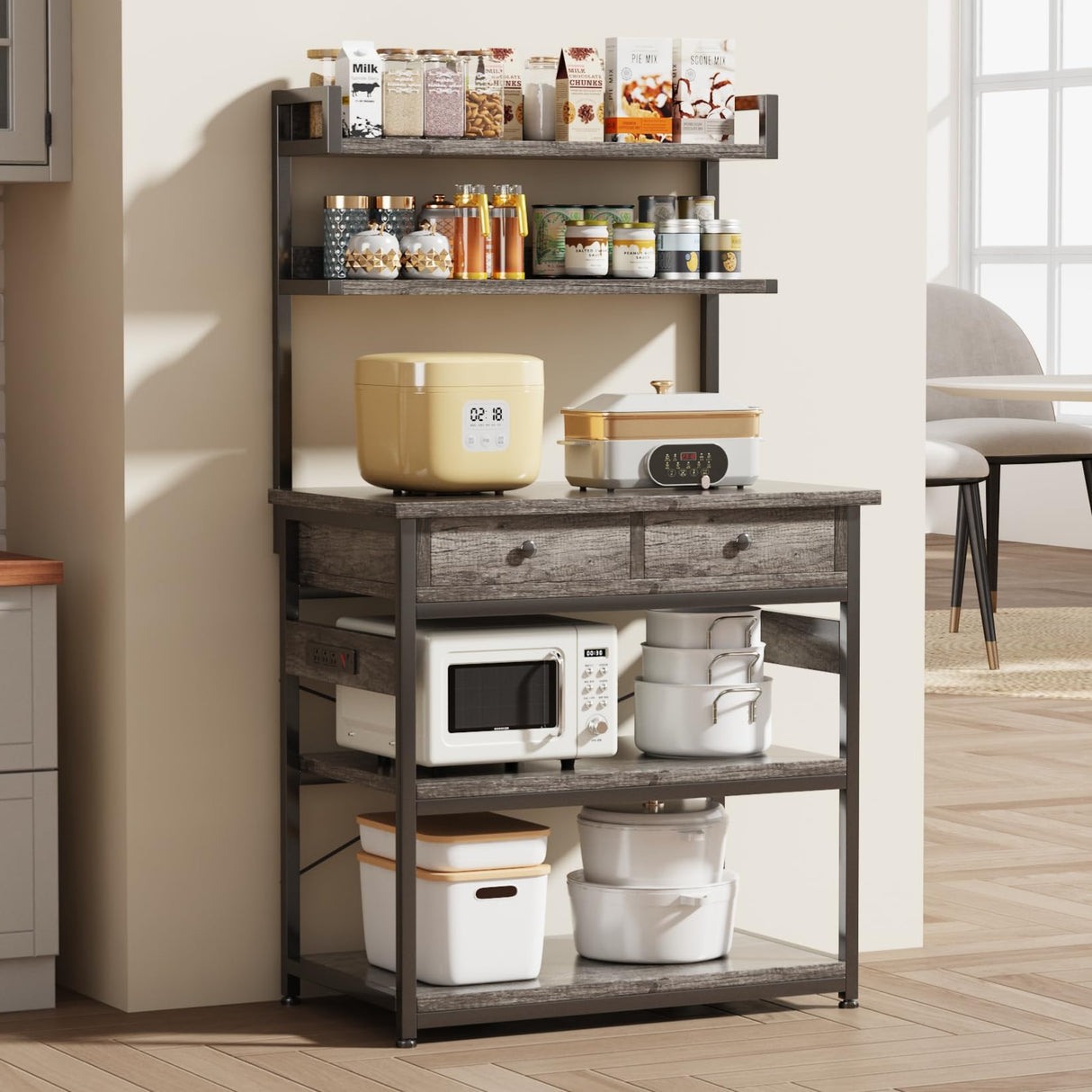 Mexin Bakers Rack with Power Outlets, 5-Tier Microwave Oven Stand with 2 Drawers, Kitchen Stand Coffee Bar Table with Storage, Heavy Duty Kitchen Shelves(Grey) Mexin