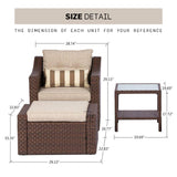 SOLAURA Outdoor Patio Furniture Set 7-Piece Brown Wicker Conversation Furniture Set Patio Lounge Chairs with Ottoman & Loveseat with Glass Coffee Table (Pillow Included) SOLAURA