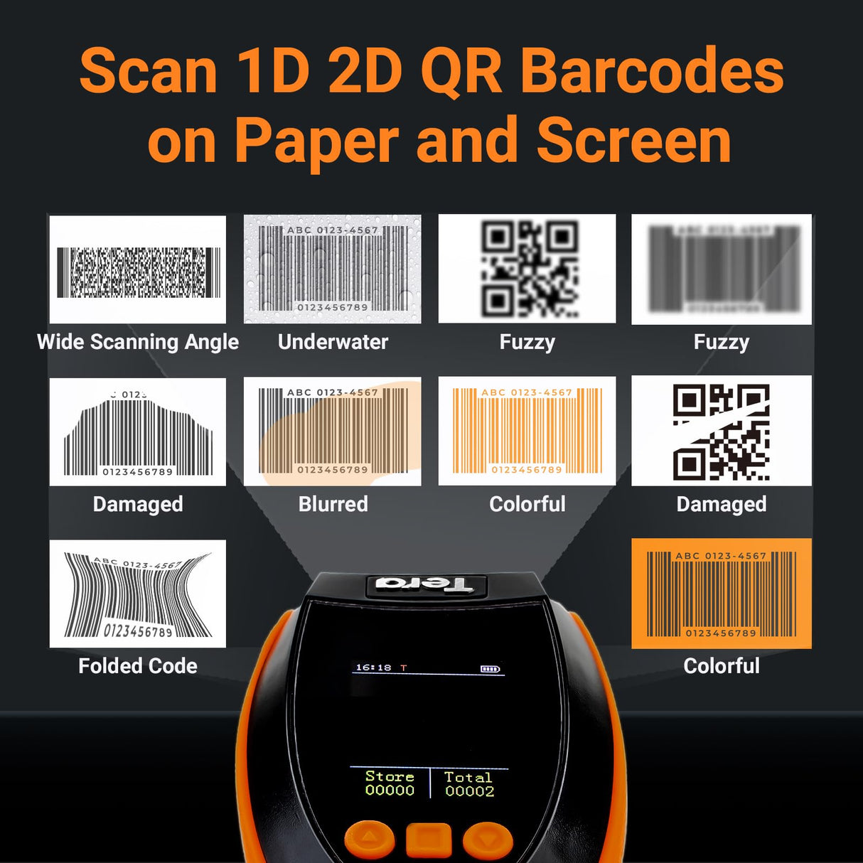 Tera Barcode Scanner Wireless with Screen: Pro Version 1D 2D QR with Setting Keypad Charging Cradle Works with Bluetooth 2.4G Wireless USB Wired Handheld Bar Code Reader HW0009 Tera