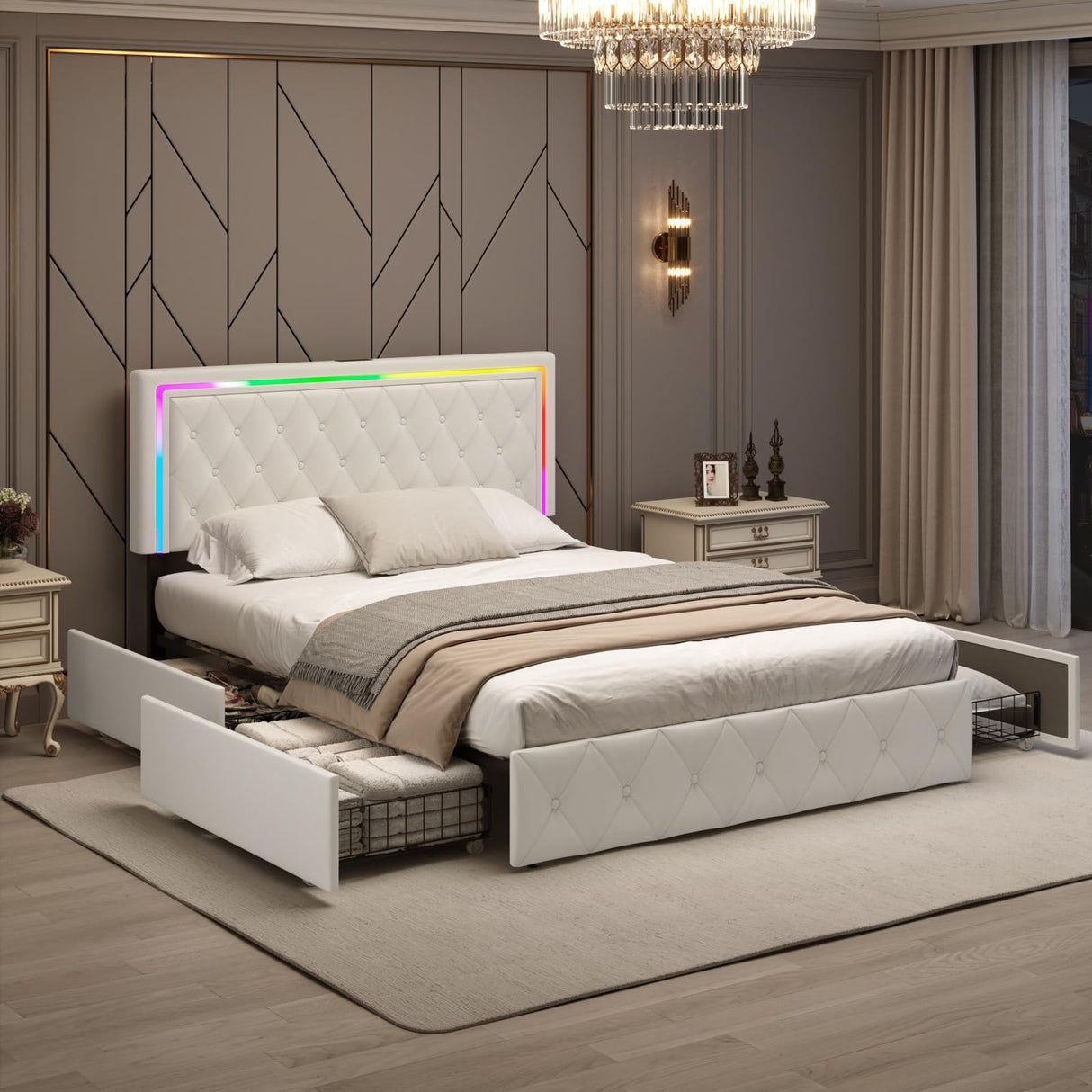 Elegant White Queen Bed Frame with LED Headboard, Storage Drawers, and Fast Charging Station XEPAMU