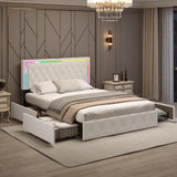 Elegant White Queen Bed Frame with LED Headboard, Storage Drawers, and Fast Charging Station XEPAMU
