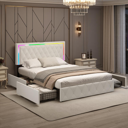 Elegant White Queen Bed Frame with LED Headboard, Storage Drawers, and Fast Charging Station - WoodArtSupply