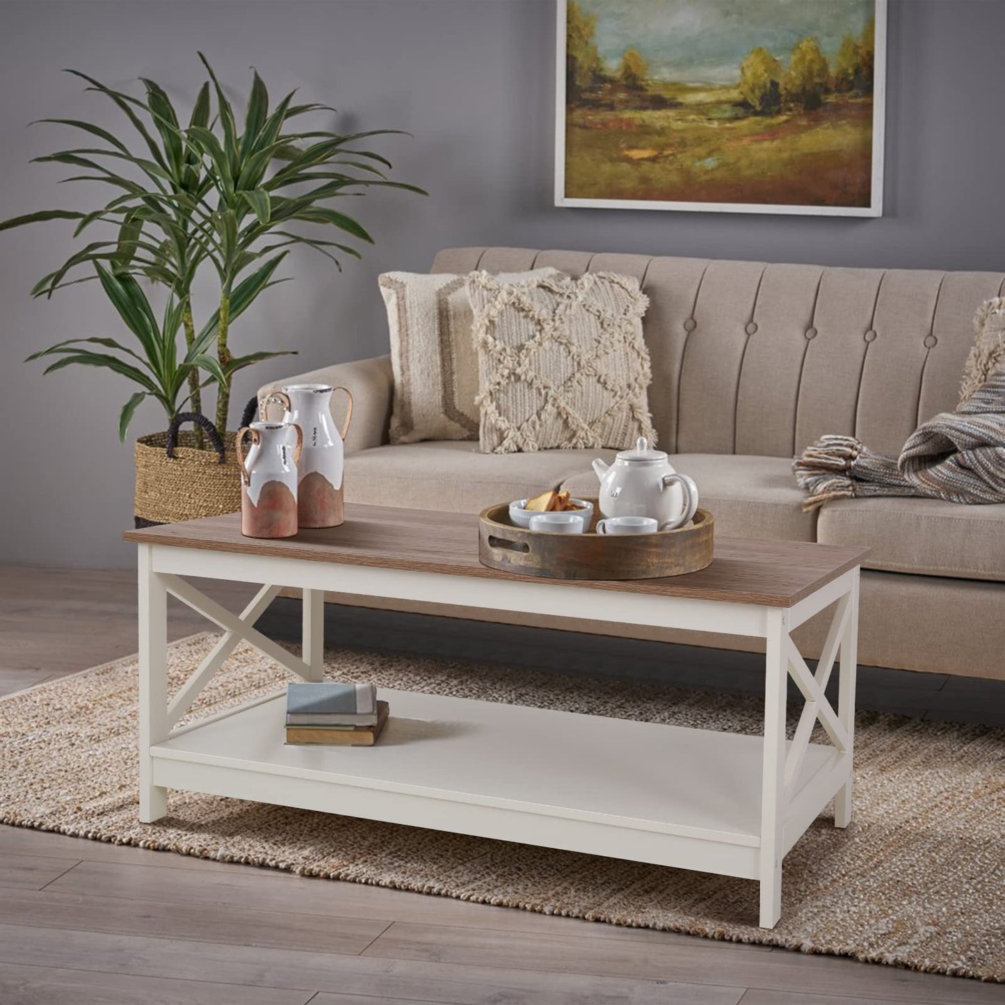 Sophia & William Farmhouse Coffee Table with Storage Shelf for Living Room, Ivory - WoodArtSupply