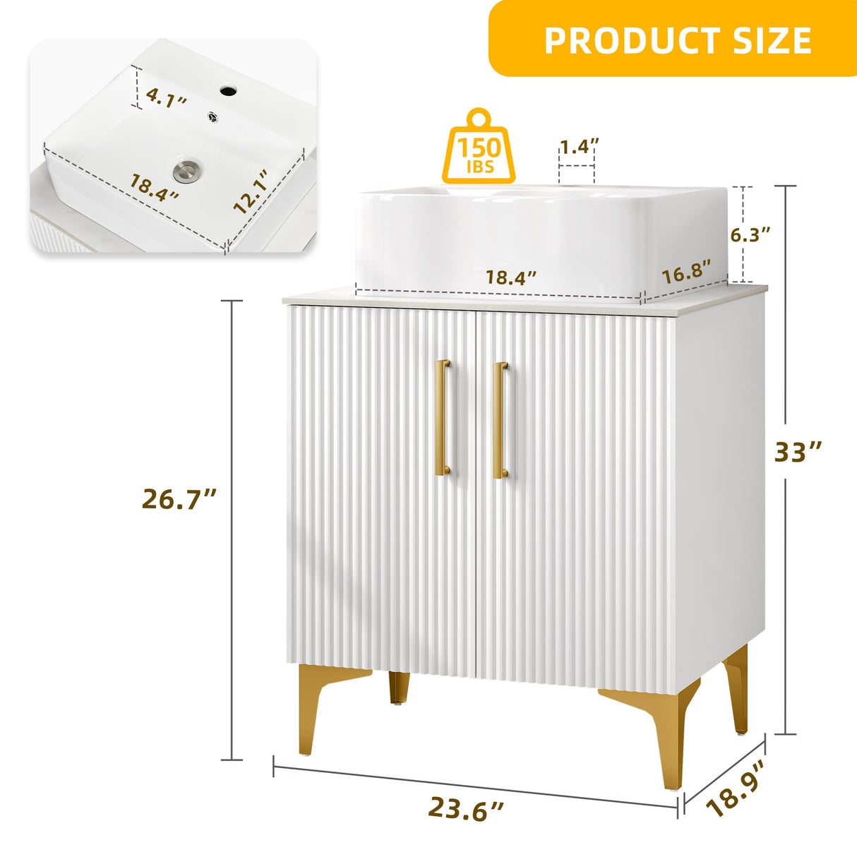 DWVO Bathroom Vanity 24 Inch with Counter Top Sink Combo, Modern Bathroom Storage Vanity Cabinet Set Included 2 Large Soft Closing Doors, Drain, Gold Handles & Legs, White DWVO