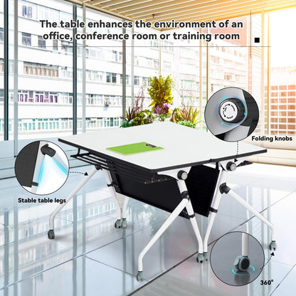 Conference Table Folding Conference Room Table,55.1x23.6x29.5 Inches Flip Top Training Meeting Table with Wheels,Modern Rectangle Seminar Boardroom Table for Office Conference Room (White, 8  - WoodArtSupply