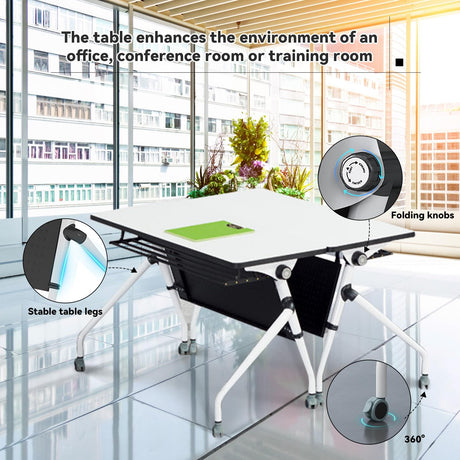 Conference Table Folding Conference Room Table,55.1x23.6x29.5 Inches Flip Top Training Meeting Table with Wheels,Modern Rectangle Seminar Boardroom Table for Office Conference Room (White, 8 Pack) Crevew