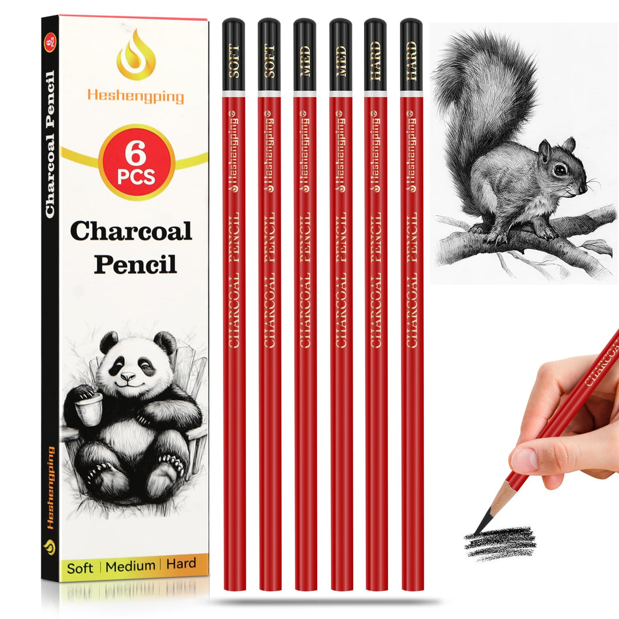 Heshengping Professional Charcoal Pencils Drawing Set Sketching Kit -6 Pieces Soft, Medium Hard Charcoal Pencils for Drawing Sketching Shading Artist Pencils for Beginners Artists Heshengping