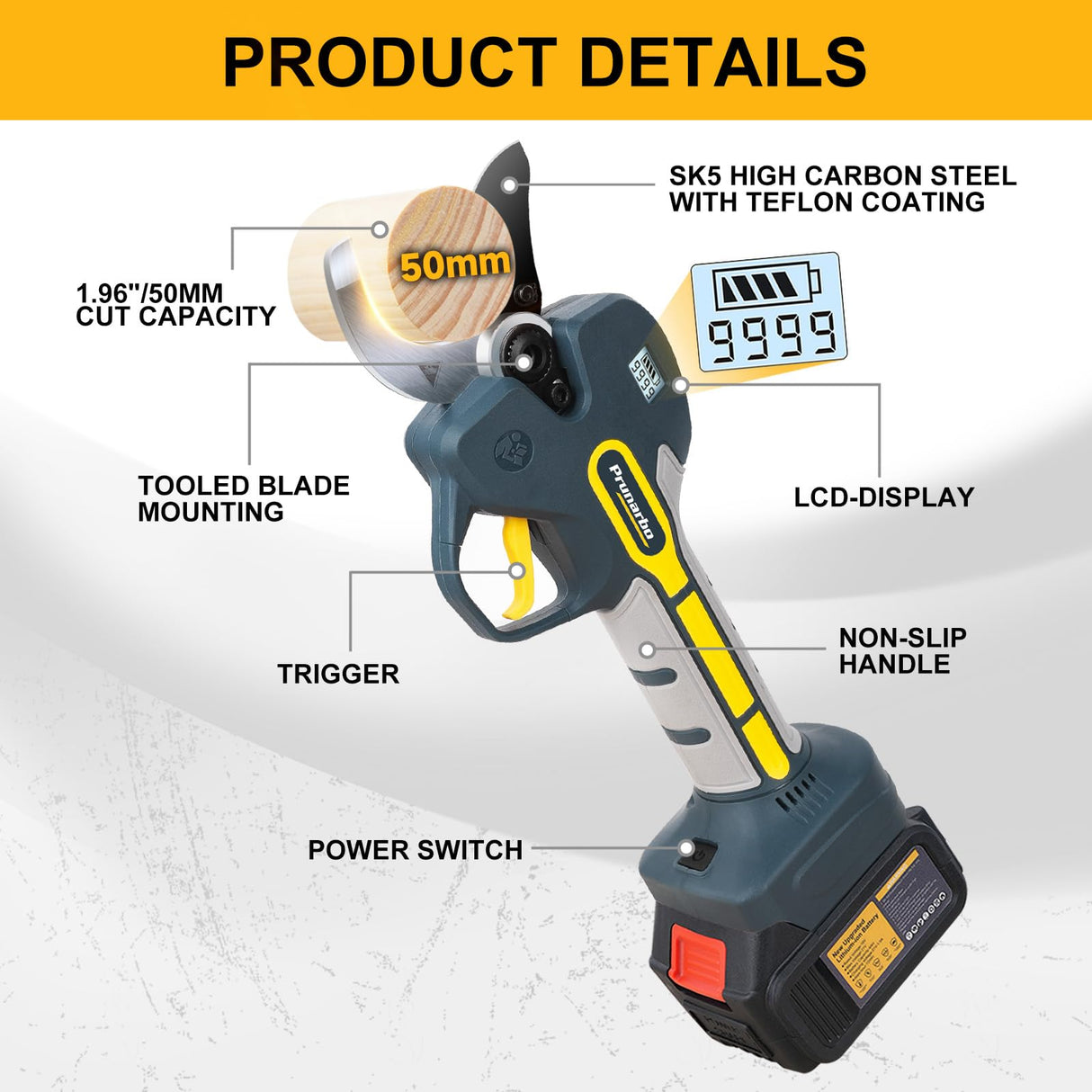 2-in-1 Electric Pruning Shears with Extension Pole 8.2-ft, Professional Electric Tree Pruner Cutter Compatible with Makita 18V Battery Secateurs Cordless 50mm (2 inch) Cutting Heavy Duty Garden Tool Prunarbo