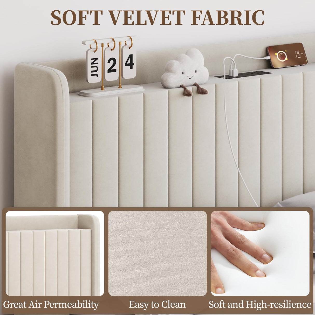 Yaheetech Queen Bed Frame with USB Charging Station and Storage Shelf/Upholstered Headboard Platform Bed with Wing Side/Wooden Slats Support/Noise Free/No Box Spring Needed/Easy Assembly, Ivory Yaheetech