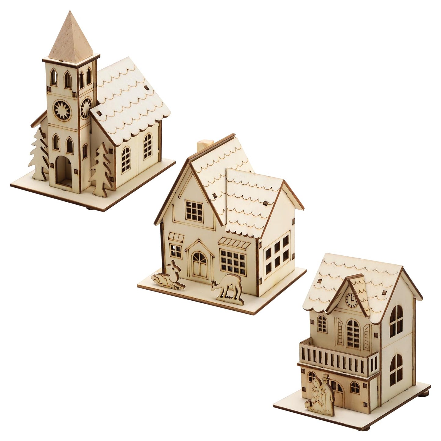 Junger 3-Pieces LED Christmas Village Houses Set Christmas Wooden DIY Unfinished Puzzle Christmas Luminous House Decoration Santa Claus Festival Decoration Wooden Crafts Home Desktop Decorati - WoodArtSupply