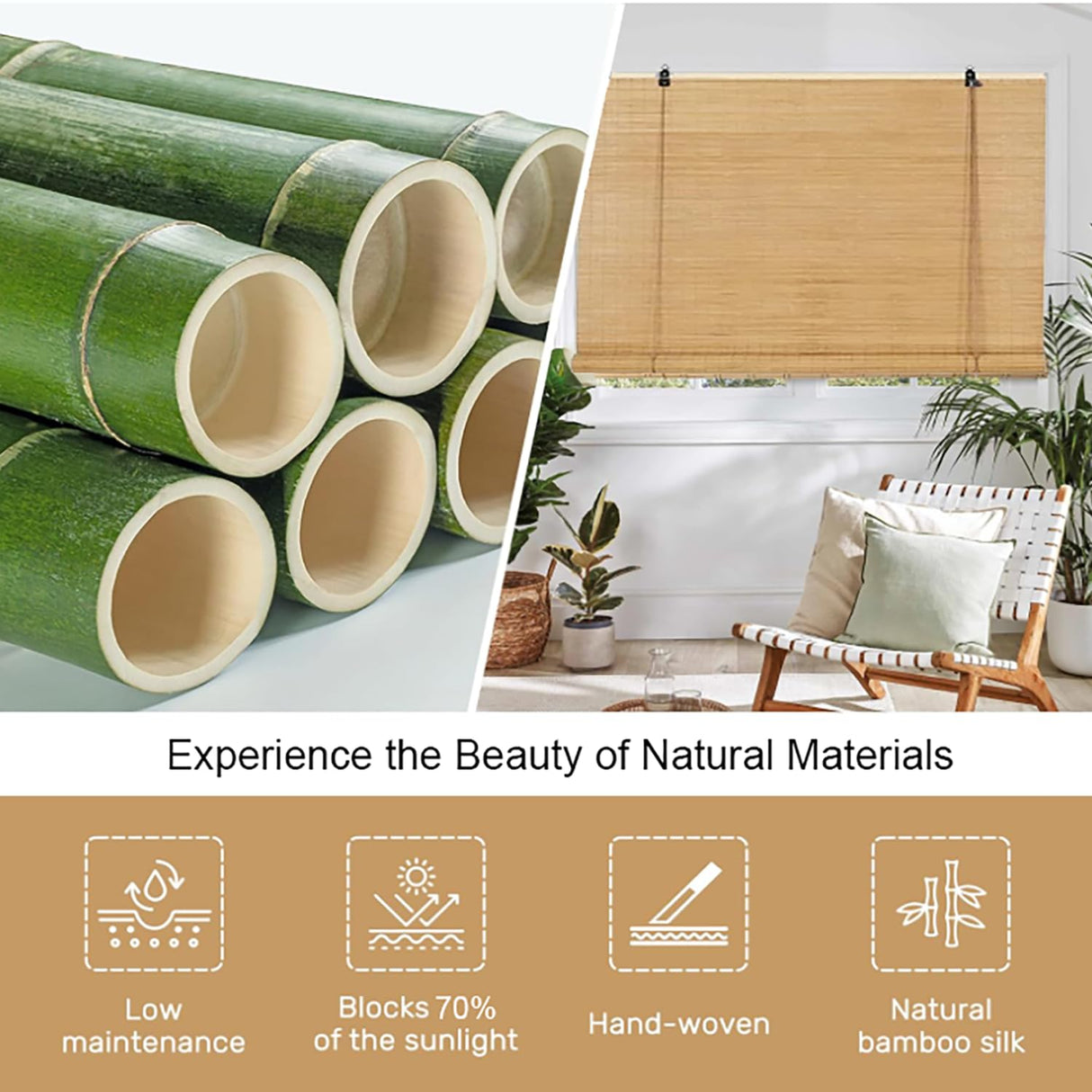 Natural Bamboo Roller Blinds for Indoor/Outdoor - Handwoven Shades for Privacy and Sun Control WDZDMYL