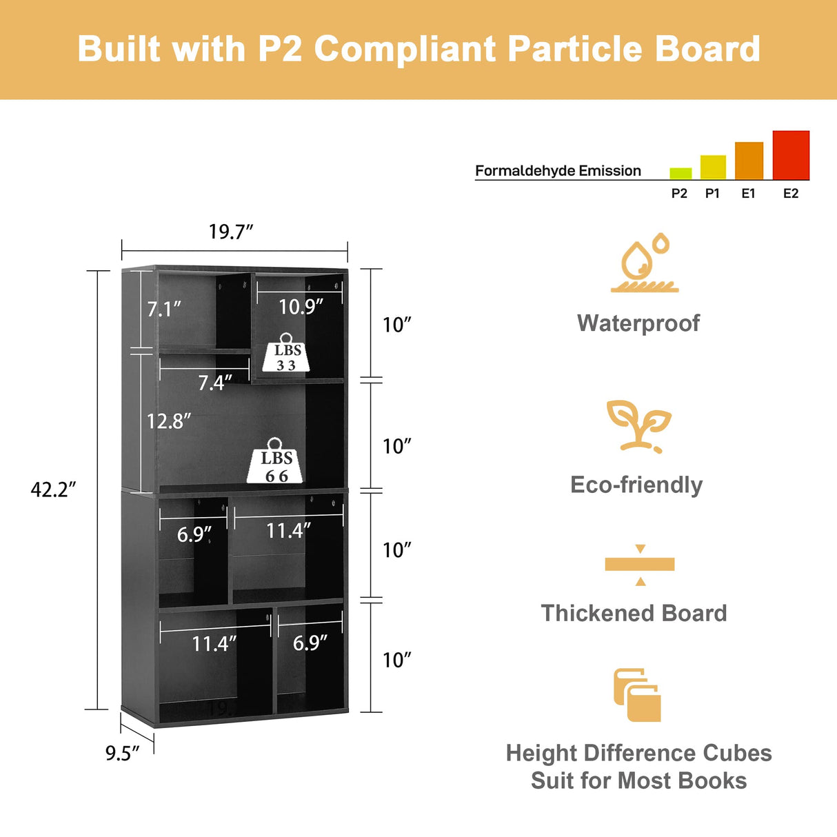 VECELO 42 Inch High Bookcase, 4-Tier Modern Storage Cabinet with Height Difference Shelves for Standard Textbooks, Floor Standing Display, 7 Cubes, Horizontal Avaiable, Easy Assembly, Black VECELO