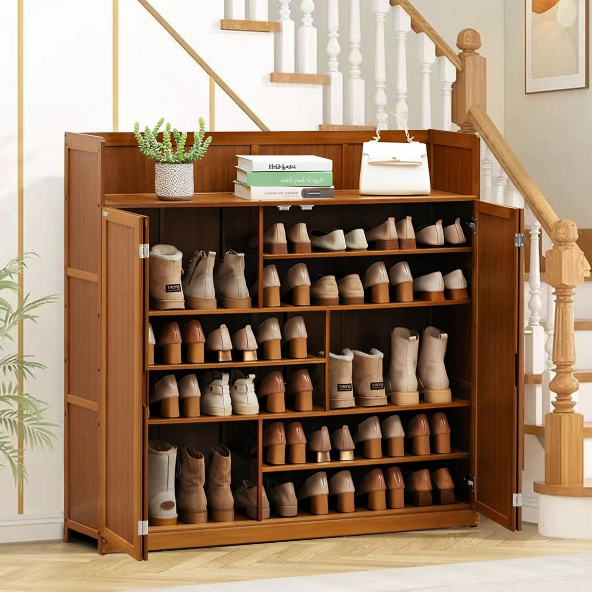 sasygfi Bamboo Shoe Storage Cabinet with Doors, 7 Tier Freestanding Shoes Heels Sneakers Shoe Rack Shelf for 36-40 Pairs, Entryway Shoe Cabinet with Drawers for Hallway Living Room sasygfi