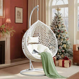 CRIPNAS Egg Swing Chair Outdoor with Stand, Hanging Egg Rattan Basket Chair with Cushion and Pillow, Lounge Chair, Foldable Basket and Metal Stand for Porch, Patio, Bedroom, Balcony,Yard (White) CRIPNAS