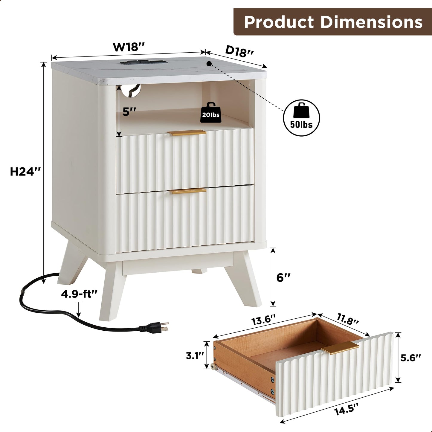 T4TREAM Fluted Nightstand with Charging Station, 18" Modern Side Table with Faux Marble Top, 2 Drawers End Table w/Storage, Bedside Table for Bedroom, Living Room, Curved Profile Design, Soli - WoodArtSupply