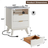 T4TREAM Fluted Nightstand with Charging Station, 18" Modern Side Table with Faux Marble Top, 2 Drawers End Table w/Storage, Bedside Table for Bedroom, Living Room, Curved Profile Design, Solid White T4TREAM