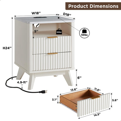 T4TREAM Fluted Nightstand with Charging Station, 18" Modern Side Table with Faux Marble Top, 2 Drawers End Table w/Storage, Bedside Table for Bedroom, Living Room, Curved Profile Design, Soli - WoodArtSupply