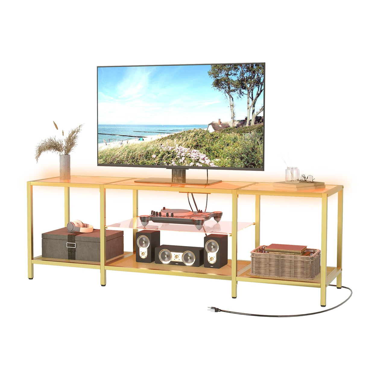 HOOBRO TV Stand with LED Lights and Power Outlets for TVs up to 75", Modern 63 Inch Tempered Glass TV Console Table with Open Shelves, Media Entertainment Center for Living Room, Gold GD165UDS01 HOOBRO