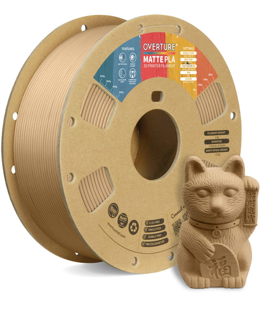 OVERTURE PLA Matte 3D Printer Filament 1.75mm, Matte PLA 1kg Cardboard Spool (2.2lbs), Dimensional Accuracy +/- 0.02 mm (Matte Light Brown) - WoodArtSupply