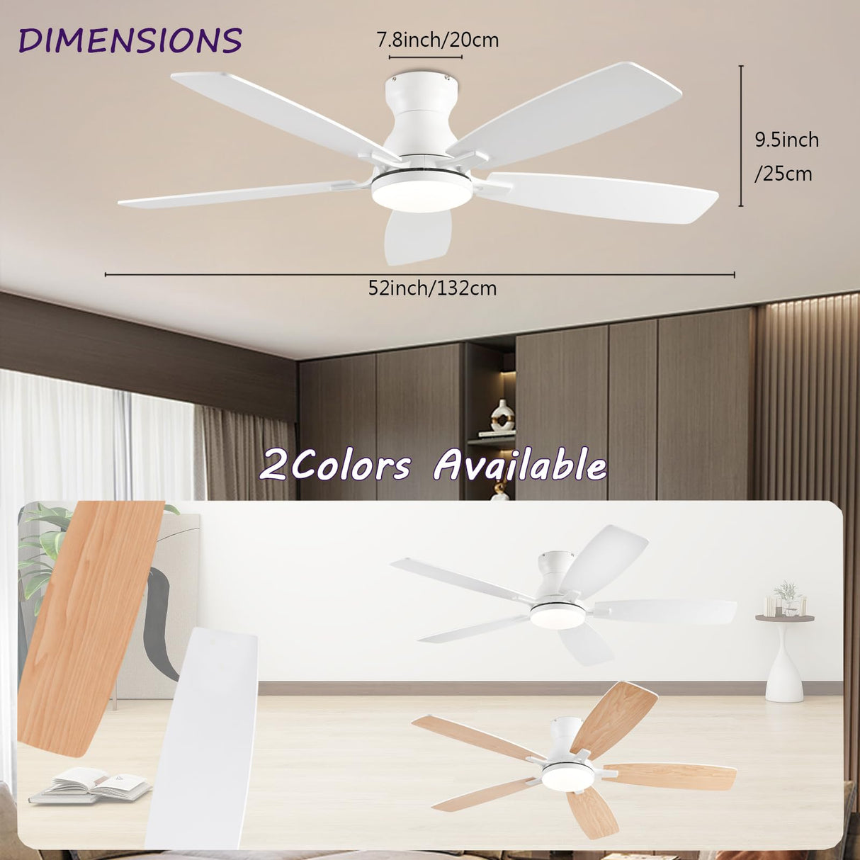 NKPU 52inch Ceiling Fans with Lights, Low Profile Ceiling Fan with Light and Remote Control/APP Control, DC Reversible Motor, Noiseless, Flush Mount White Ceiling Fan for Bedroom, Indoor/Outdoor Use NKPU