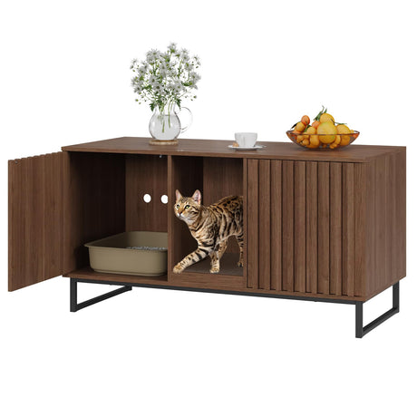 Fienveorn Cat Litter Box Enclosure for 2 Cats, 47.6’’ Litter Box Furniture Hidden with Cat Scratch Pad, Double Room Large Cat Cabinet, Indoor Cat House TV Stand Side Table,Cat Washroom,Brown Halitaa