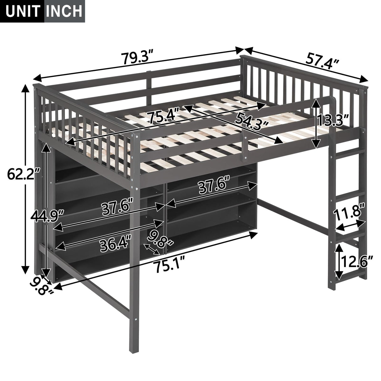 Bekeknlny Full Size Gray Loft Bed with 8 Open Shelves and Built-in Ladder Bekeknlny