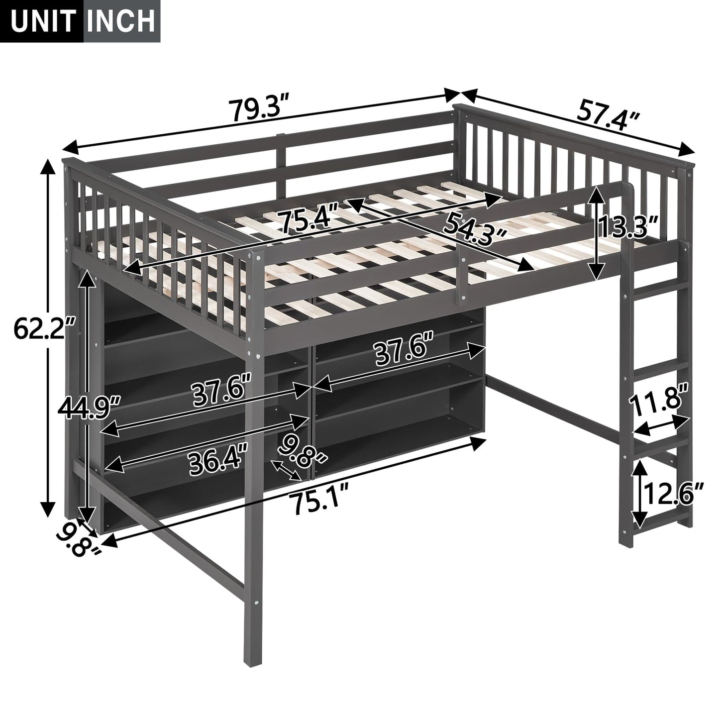 Bekeknlny Full Size Loft Bed with 8 Open Storage Shelves and Built-in Ladder, Solid Wood Bed Frame with Safety Rail, Kids/Teens Bedroom, Guest Room Furniture (Gray/Shelves8, Full)