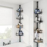 Corner Shower Caddy Tension Pole: Stainless Steel Rustproof 4-Tier Shower Organizer - 47-121 inch Adjustable Bathroom Shelves for Bathtub Shampoo Storage - Tension Rod Floor Standing Bath Rack - Black ESSEME
