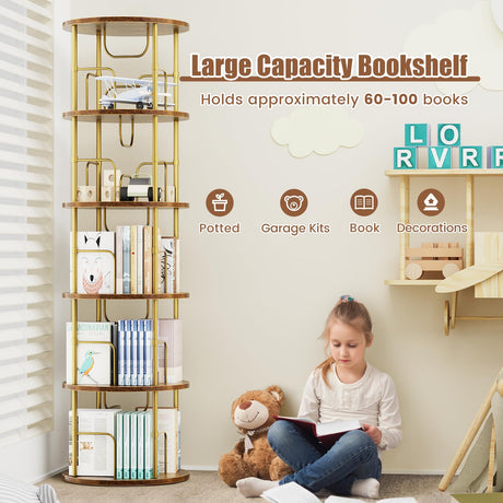 ALLSTAND 5-Tier 360° Rotating Gold Bookshelf - Space-Saving Swivel Bookcase for Stylish Storage ALLSTAND