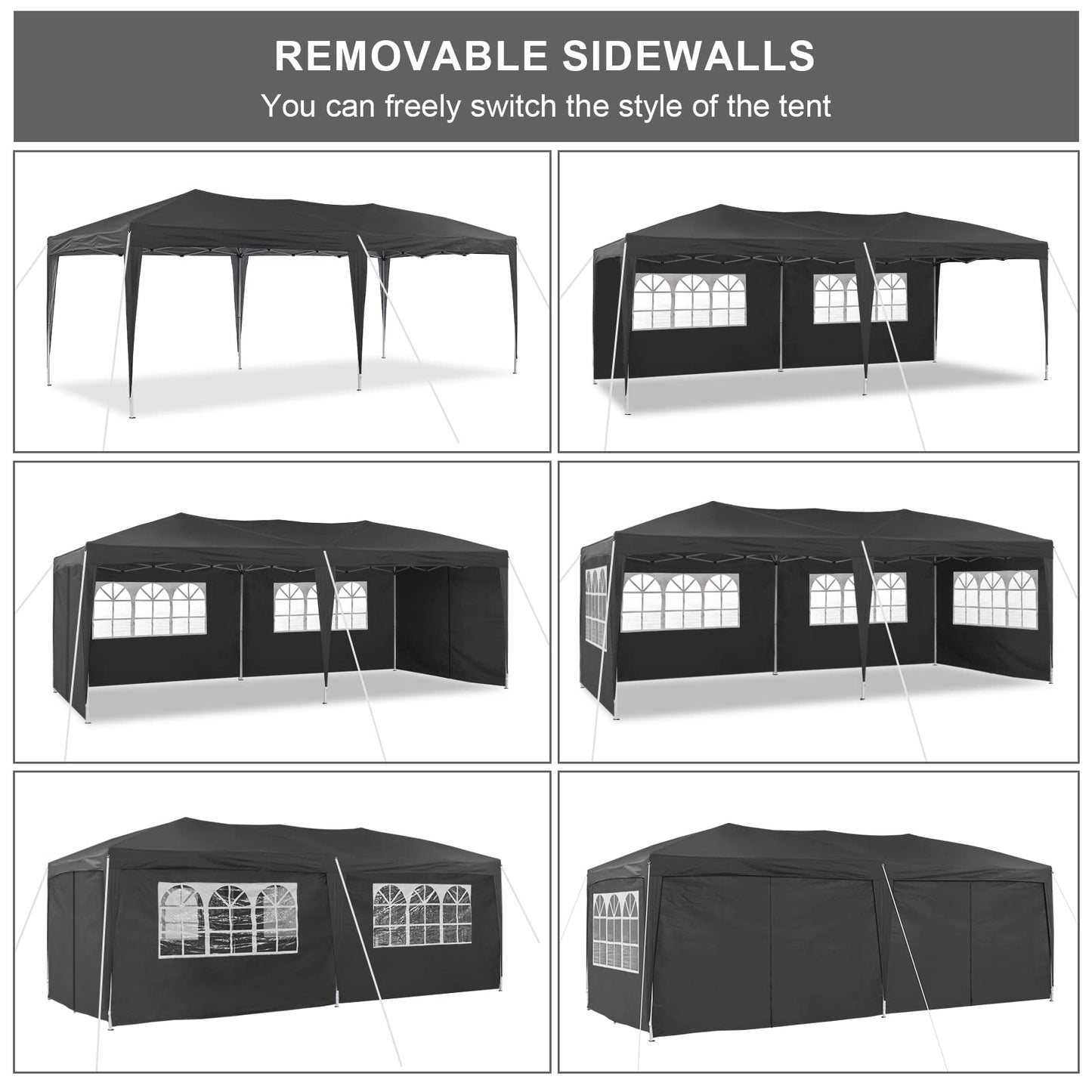 TUKAILAI 10' x 20' Pop Up Gazebo Marquee, Anti-UV Party Wedding Tent Event Shelters with 6 Removable Sidewalls & Carry Bag, Heavy Duty Instant Canopy for Outdoor Camping Garden Patio (Black) - WoodArtSupply