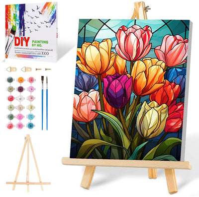 Mowana Paint by Numbers Kit for Adults Beginners, Stained Glass Tulips Paint by Number Kits on Canvas with Frame and Easel for Gift and Home Wall Decor (8 * 12 Inch)