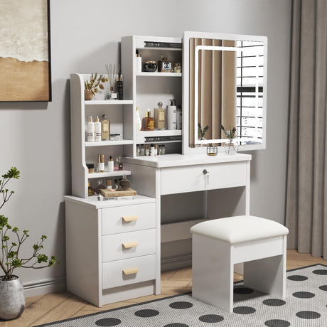 Legendstone Makeup Vanity Desk with Mirror and Lights,Makeup Table with Sliding Mirror & 4 Drawers & Storage Shelves & Stool,3 Light Mode,Brightness Adjustable,for Bedroom,White Legendstone