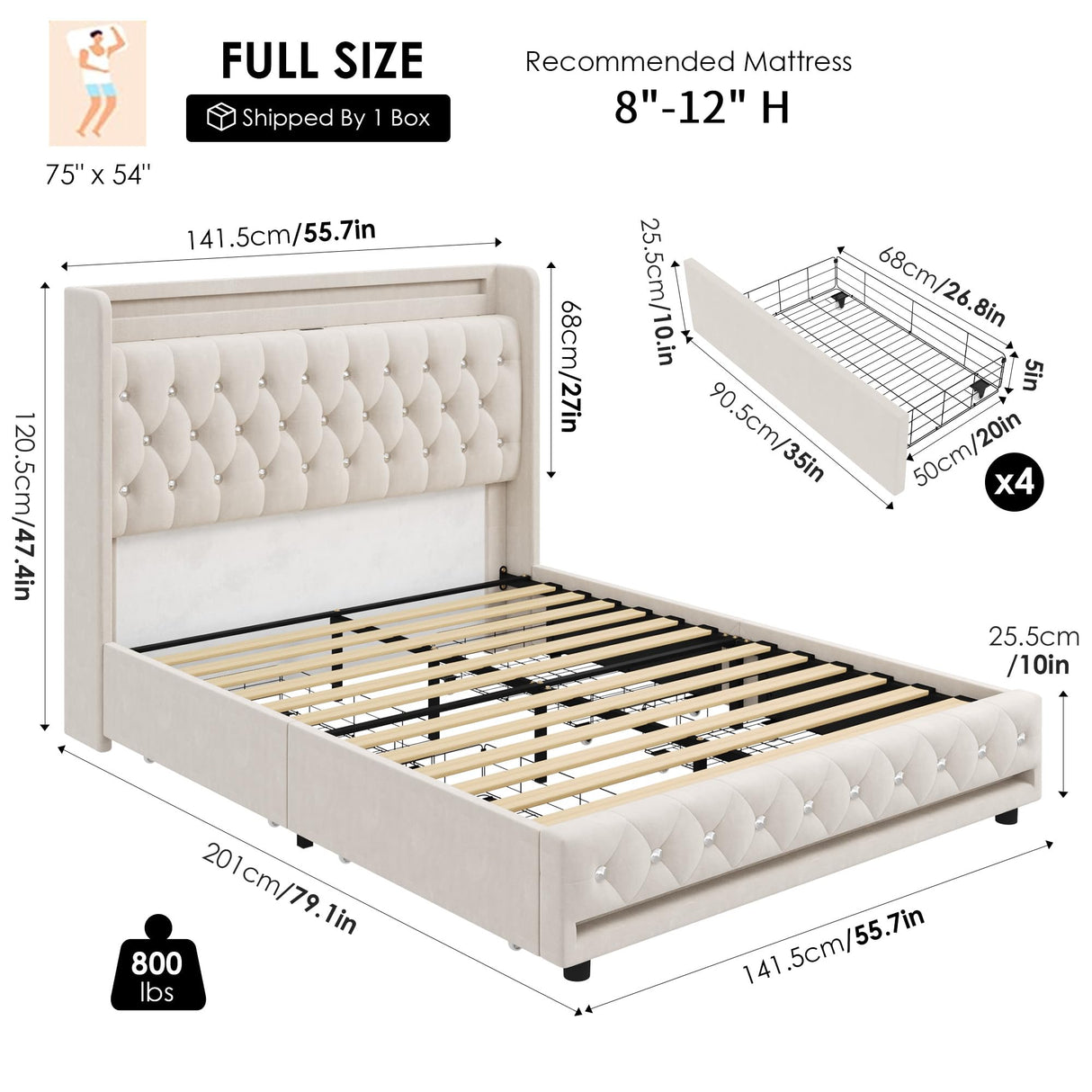 HIFIT Full LED Bed Frame with Charging Station and 4 Storage Drawers, Velvet Upholstered Platform Bed with Handcrafted Crystal Button Wingback Headboard, Metal Frame with No Box Spring Needed, Beige HIFIT