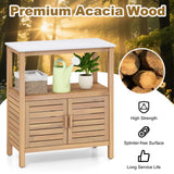Giantex Outdoor Potting Bench, Acacia Wood Planting Workstation with 2-Door Storage Cabinet, Faux Marble Tabletop, Open Storage Shelves, Garden Potting Table for Horticulture Giantex