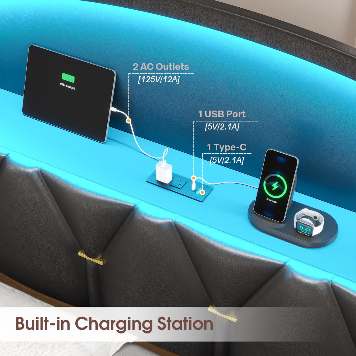 King Size Bed Frame,Platform Bed Frame King Size with 6 Storage Drawers & Headboard, King Bed with LED Lights&Charging Station,Sturdy Metal Slats,Noise-Free,No Box Spring Needed,Easy Assembly,PU Black Tagafi