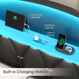 King Size Bed Frame,Platform Bed Frame King Size with 6 Storage Drawers & Headboard, King Bed with LED Lights&Charging Station,Sturdy Metal Slats,Noise-Free,No Box Spring Needed,Easy Assembly,PU Black Tagafi