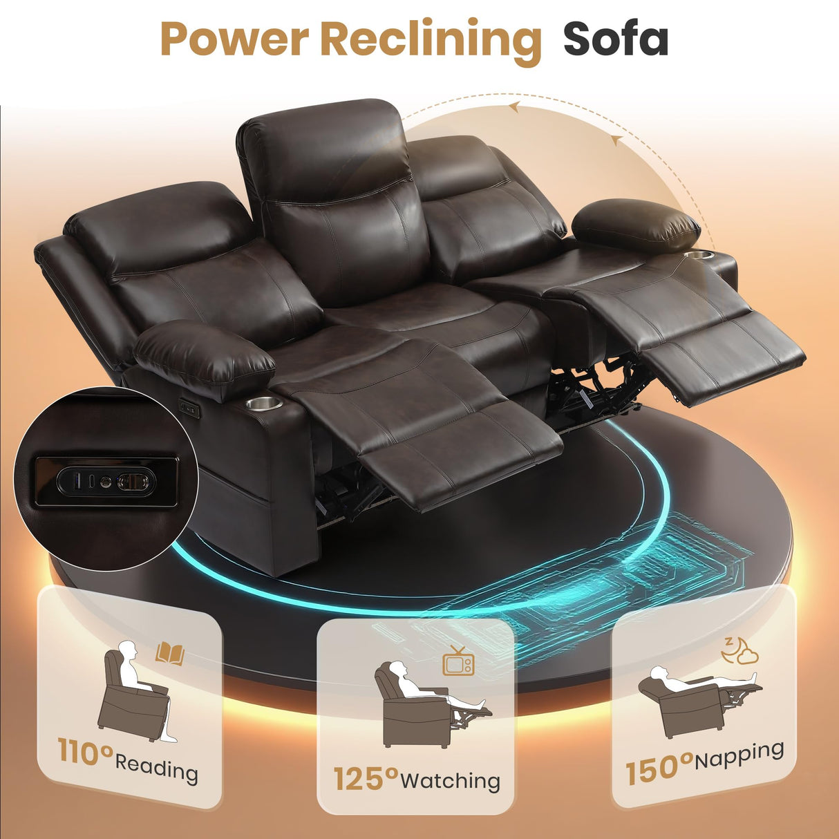 Power Recliner Sofa with LED Lights, USB Charging & Console – PU Leather Wall Hugger Couch for RV, Home Theater & Living Room Electric Reclining Sofa with Cup Holders& Zero-Wall Clearance Design LURVIA