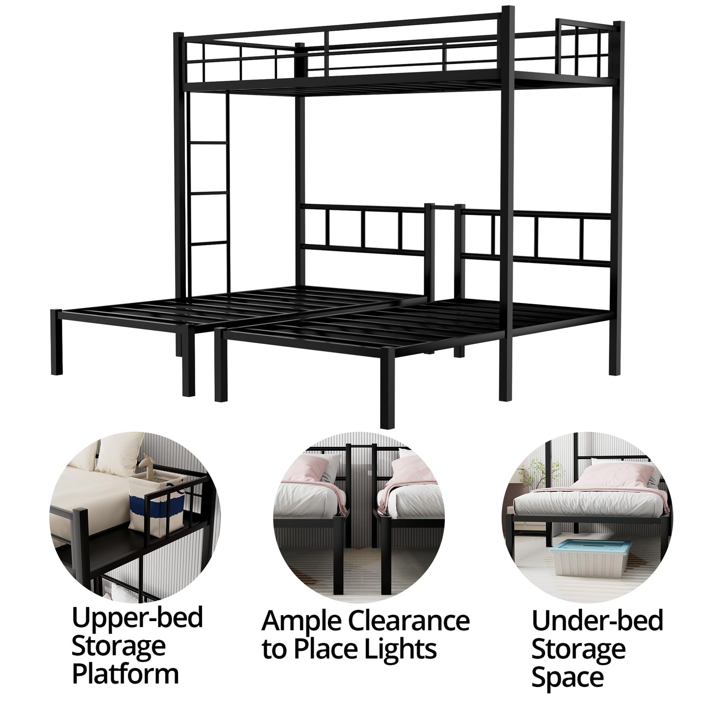 TURRIDU Metal Triple Bunk Bed for 3, Twin Over Twin Over Twin Bunk Beds with Built-in Ladders, Separates into 3 Twin Beds for Teens, Adults, No Box Spring Needed, Black